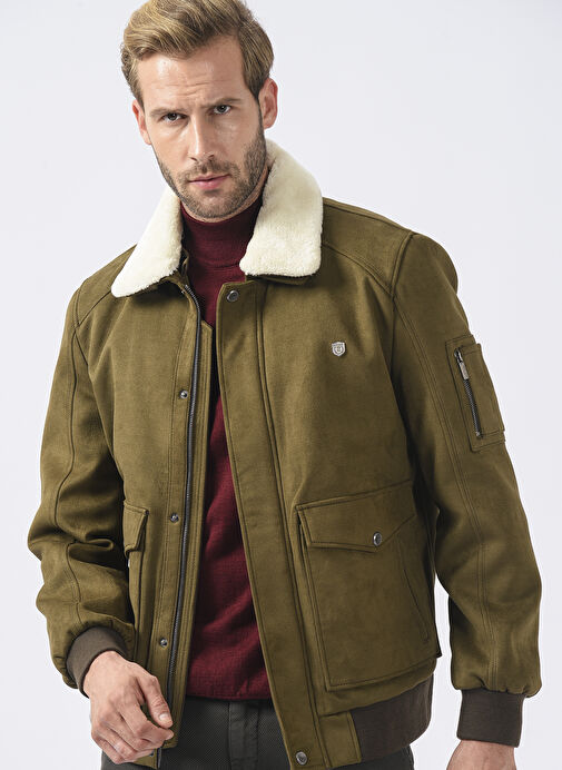 Haki Erkek Dik Yaka Slim Fit Deri Mont PCSE206026