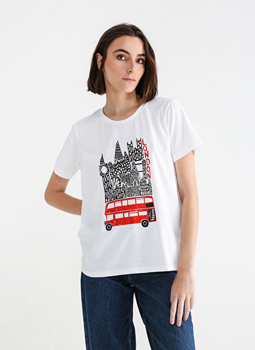 Aeropostale Bisiklet Yaka Baskılı Beyaz Kadın T-Shirt BORIS