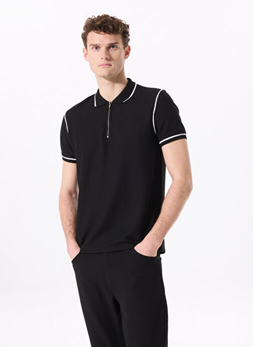 Fabrika Siyah Erkek Basic Jakarlı Polo T-Shirt VIDAR