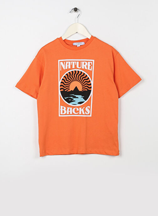 Limon Turuncu Erkek Çocuk Bisiklet Yaka Oversize Baskılı T-Shirt NATURE BOY-23