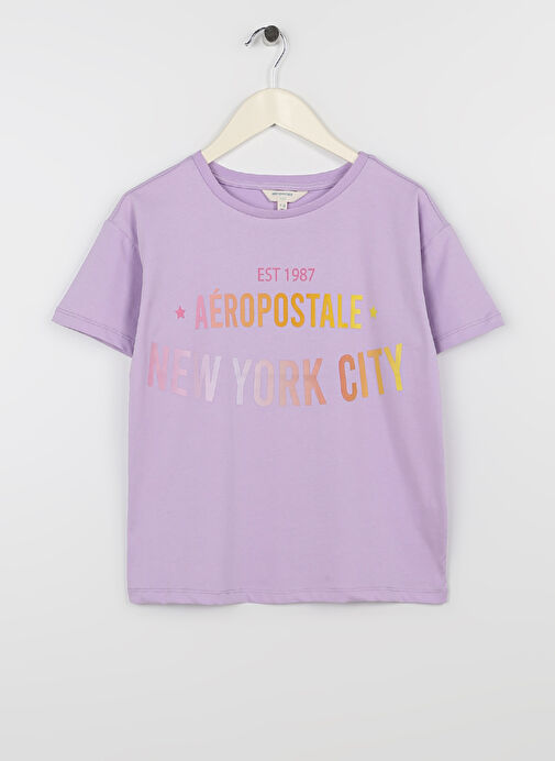 Aeropostale Lila Kız Çocuk Bisiklet Yaka Kısa Kollu Baskılı T-Shirt 23SAG-31