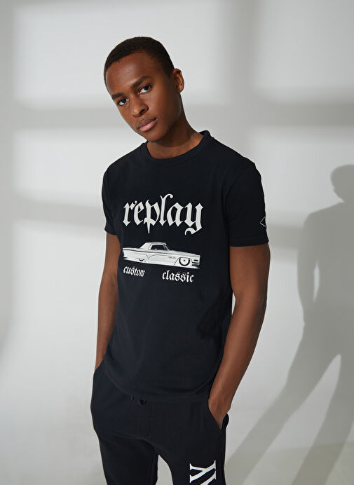 Replay Bisiklet Yaka Düz Siyah Erkek T-Shirt M648000022662G T-Shirts REGULAR