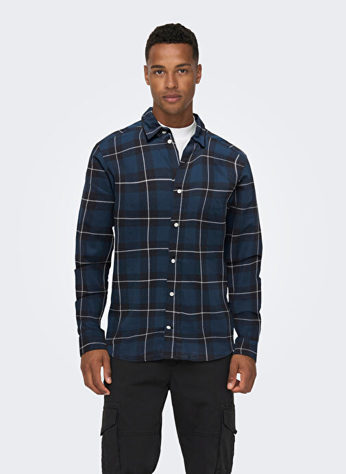 Only & Sons Dar Koyu Mavi Kareli Erkek Gömlek ONSARI SLIM CHECK SHIRT