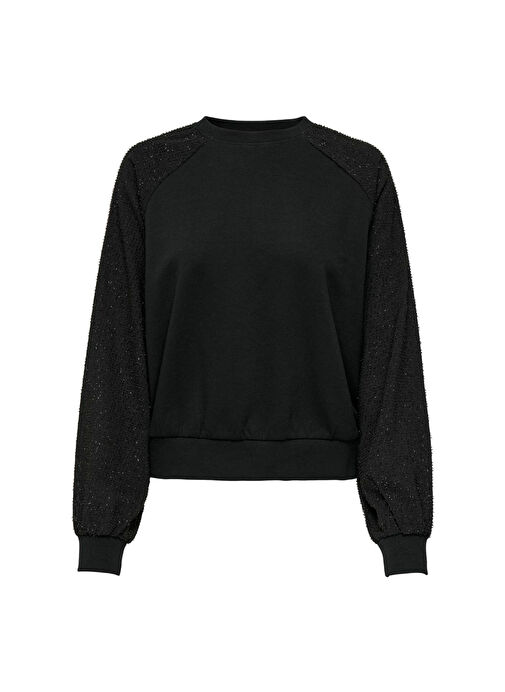 Only O Yaka Düz Siyah Kadın Sweatshırt ONLJANIA L/S GLITTER O-NECK SWT