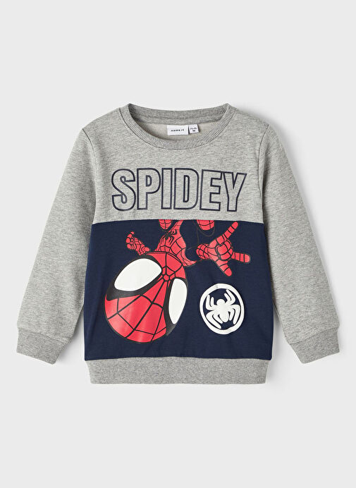 Name İt Gri Melanj Erkek Çocuk Bisiklet Yaka Uzun Kollu Sweatshirt NMMJUBI SPIDEY SWEAT UNB MAR