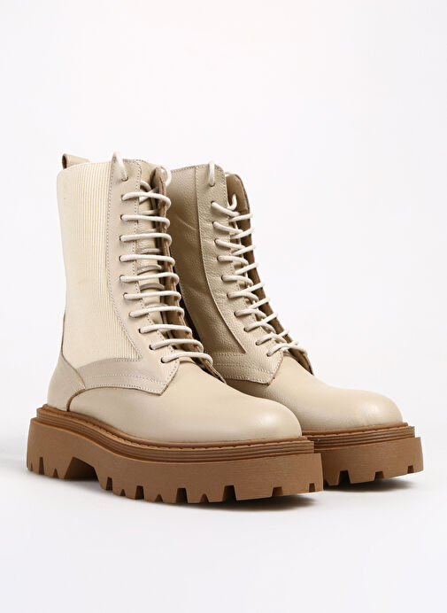 Manijero Bej Kadın Deri - Kumaş Bot Nora - Görsel 3