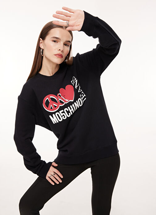 Moschino Jeans Bisiklet Yaka Baskılı Siyah Kadın Sweatshırt J1716