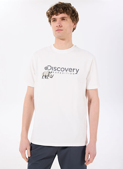 Discovery Expedition D4SM-TST3312 Beyaz Bisiklet Yaka Basic Baskılı Erkek T-Shirt