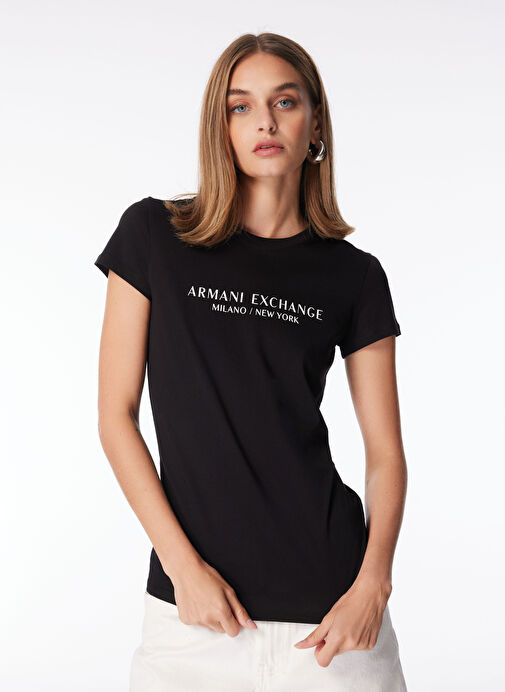 Armani Exchange Bisiklet Yaka Baskılı Siyah Kadın T-Shirt 8NYTAB