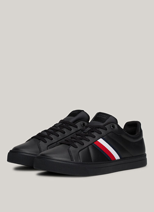 Tommy Hilfiger Siyah Erkek Deri Sneaker ICON COURT LTH STRIPES - Görsel 3