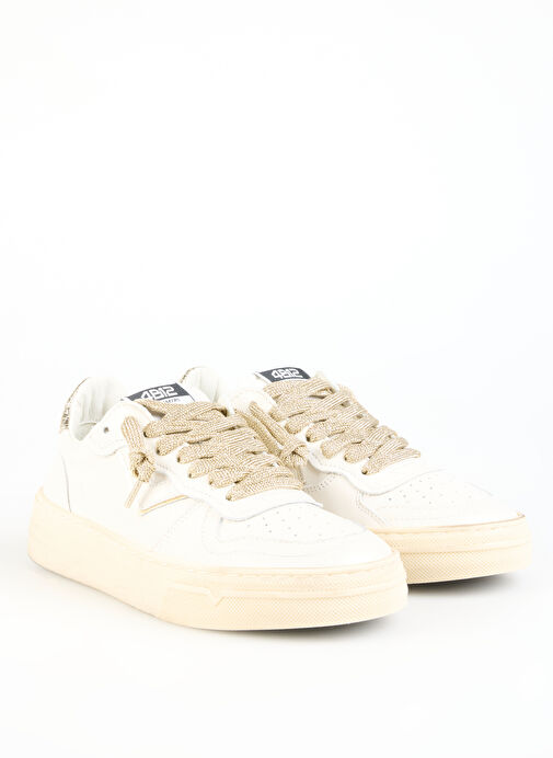 4B12 Beyaz-Altın Kadın Deri Sneaker HYPER-D826 - Görsel 3