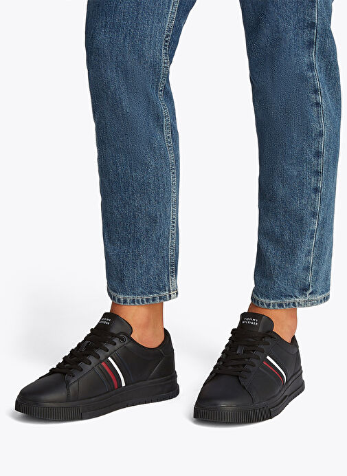 Tommy Hilfiger Siyah Erkek Deri Sneaker MODERN CUPSOLE STRIPES LTH - Görsel 7