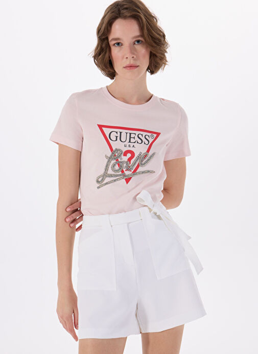 Guess Pembe Kadın T-Shirt Ss Cn Triangle Love Mid Organic S