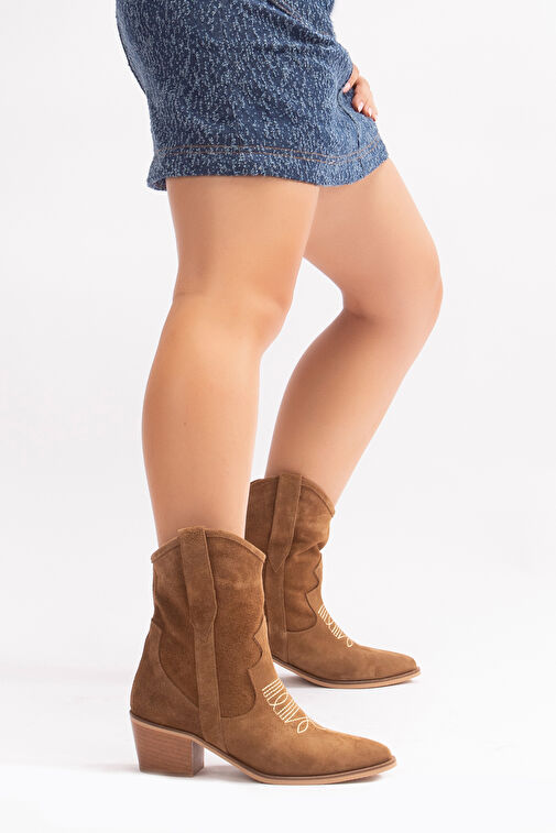 Merita Gerçek Deri Kadın Western Bot Hardal Süet - Görsel 2