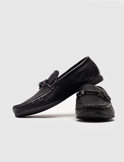 Toka Aksesuarlı Detaylı Hakiki Deri Siyah Erkek Loafer - Görsel 5