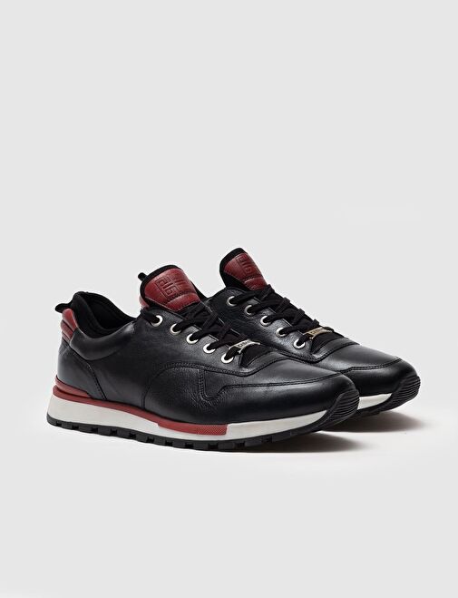 Hakiki Deri Bordo Renk Detaylı Bağcıklı Siyah Erkek Spor Ayakkabı - Görsel 3