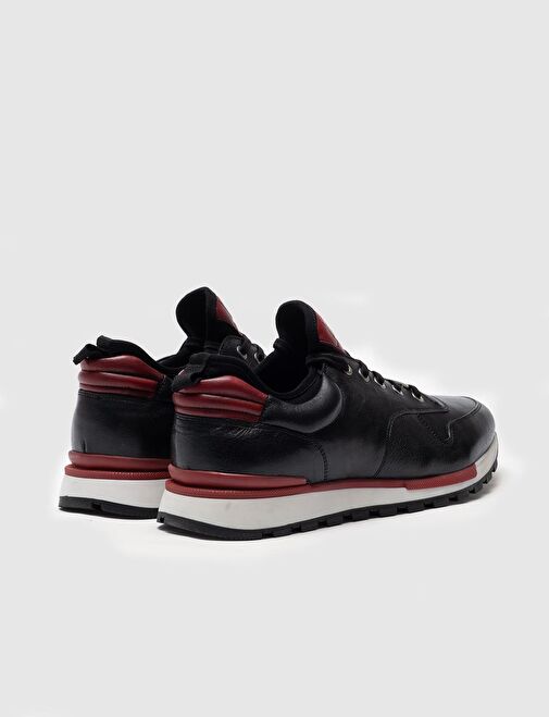 Hakiki Deri Bordo Renk Detaylı Bağcıklı Siyah Erkek Spor Ayakkabı - Görsel 4