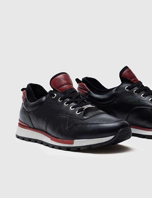 Hakiki Deri Bordo Renk Detaylı Bağcıklı Siyah Erkek Spor Ayakkabı - Görsel 5