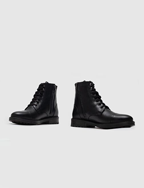 Hakiki Deri Erkek Siyah Bağcıklı Fermuarlı Günlük Bot - Görsel 5