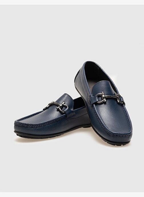 Cabani Hakiki Deri Lacivert Metal Aksesuarlı Erkek Loafer Ayakkabı - Görsel 5