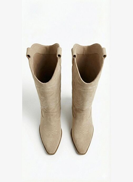 Kadın Süet Bej Western Detaylı Nakışlı Uzun Çizme - Görsel 6