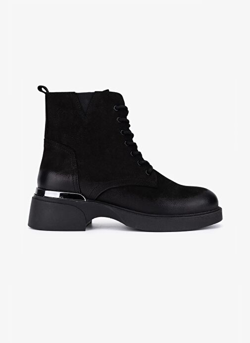 Valmenti Kadın Hakiki Deri Siyah Nubuk Düz Bot - Görsel 2