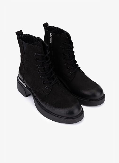 Valmenti Kadın Hakiki Deri Siyah Nubuk Düz Bot - Görsel 3