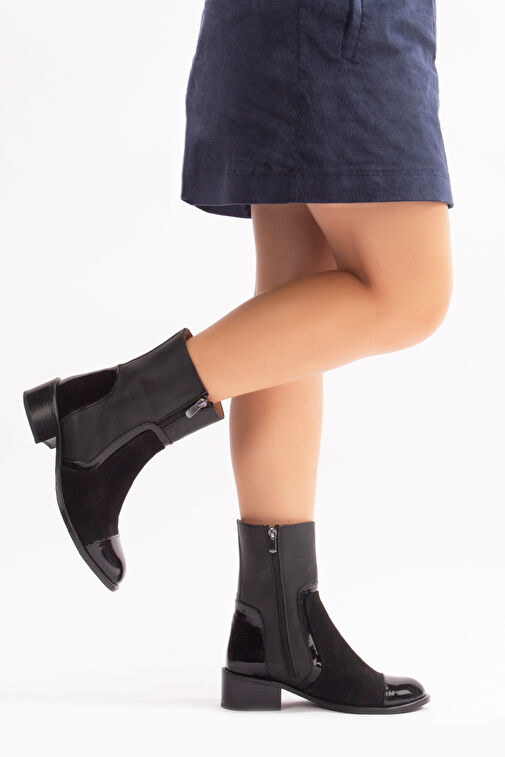 Sahay Gerçek Deri Kadın Bot Siyah Deri Süet Rugan - Görsel 3