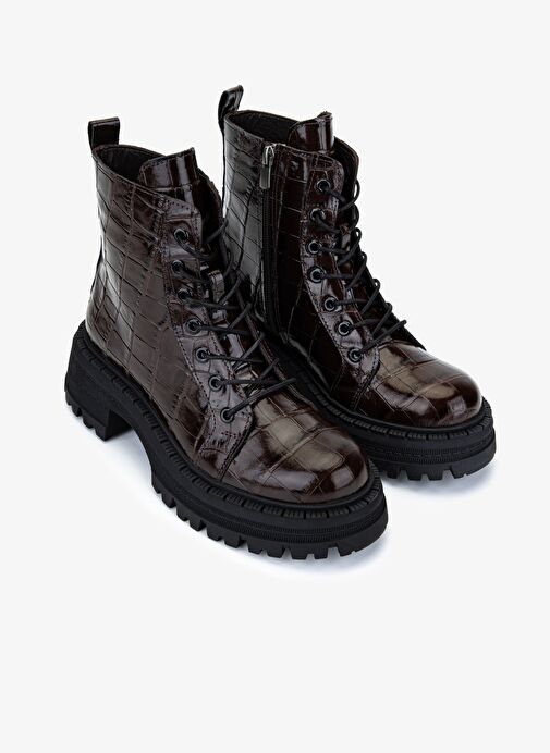 Valmenti Kadın Deri & Tekstil Kahverengi Kroko Düz Bot - Görsel 3