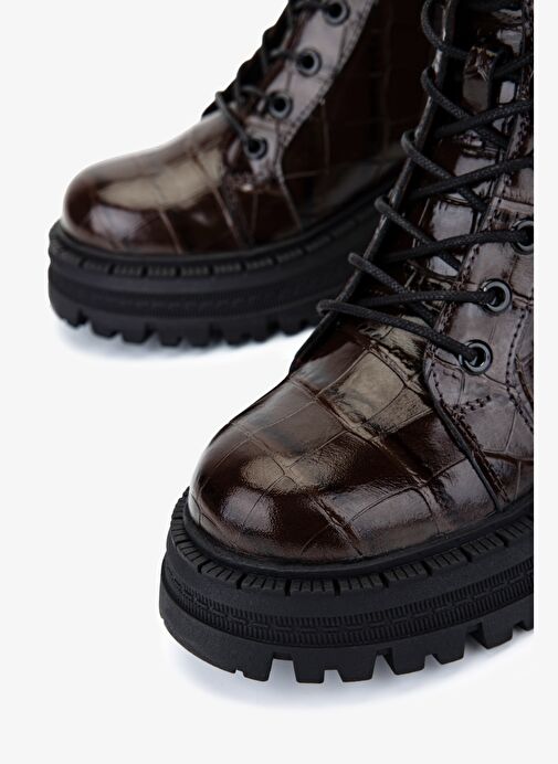 Valmenti Kadın Deri & Tekstil Kahverengi Kroko Düz Bot - Görsel 4