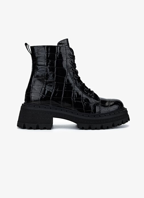 Valmenti Kadın Deri & Tekstil Siyah Kroko Düz Bot - Görsel 2