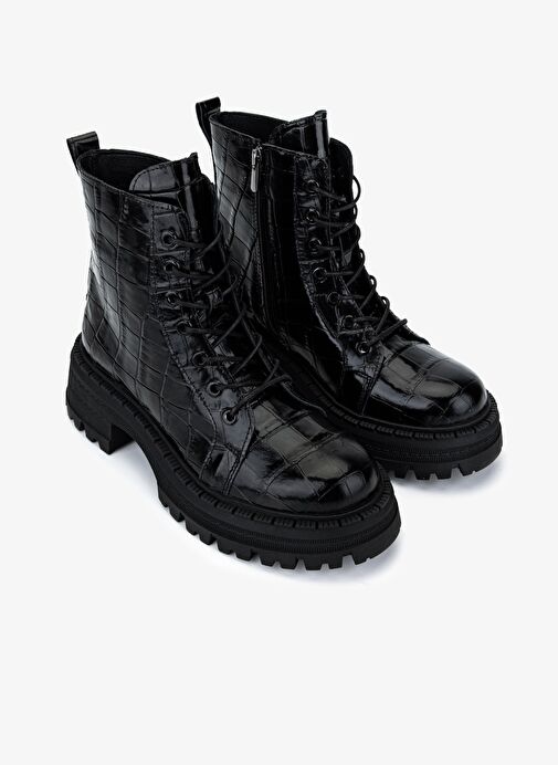 Valmenti Kadın Deri & Tekstil Siyah Kroko Düz Bot - Görsel 3