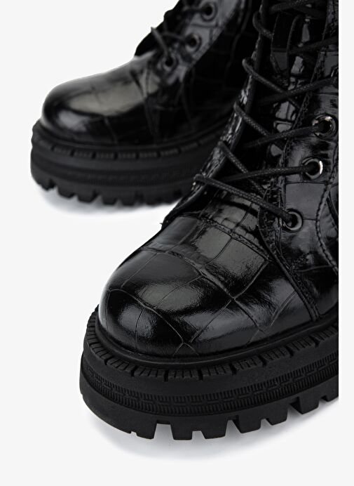 Valmenti Kadın Deri & Tekstil Siyah Kroko Düz Bot - Görsel 4