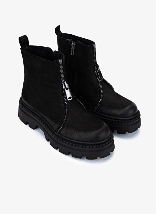 Valmenti Kadın Hakiki Deri Siyah Nubuk Düz Bot - Görsel 3