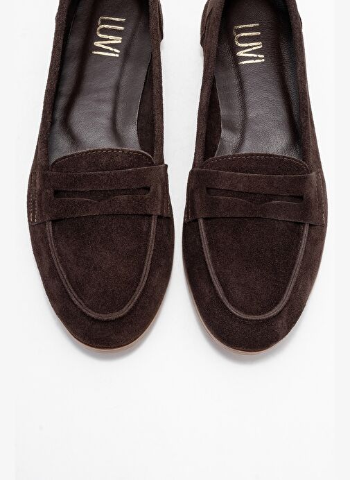 F02 Koyu Kahverengi Süet Hakiki Deri Kadın Loafer Ayakkabı - Görsel 3
