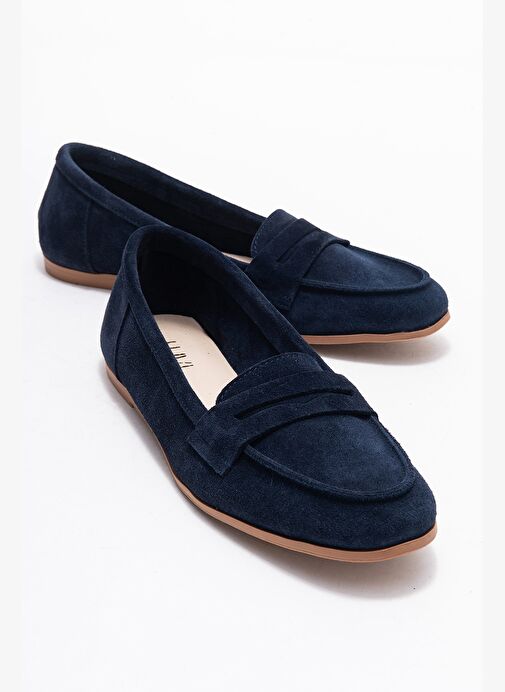F02 Lacivert Süet Hakiki Deri Kadın Loafer Ayakkabı - Görsel 2