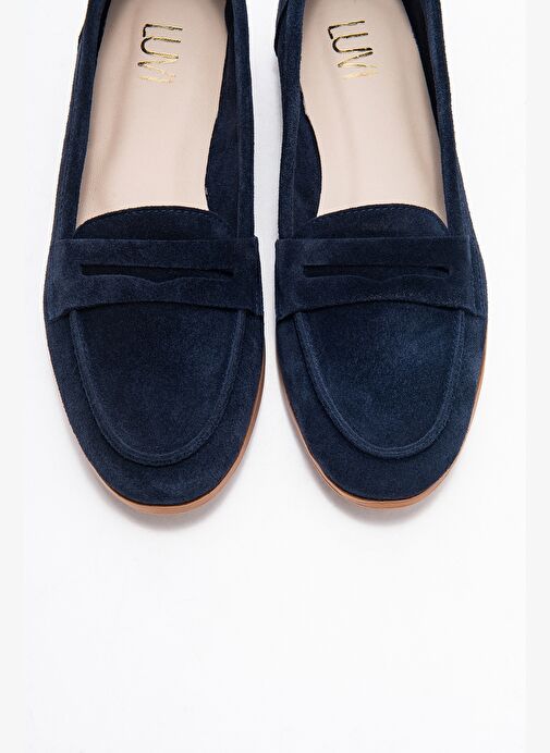 F02 Lacivert Süet Hakiki Deri Kadın Loafer Ayakkabı - Görsel 3