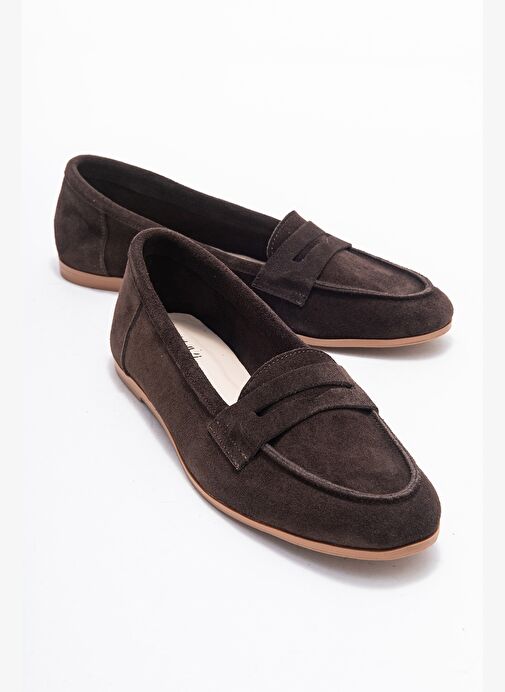 F02 Kahve Süet Hakiki Deri Kadın Loafer Ayakkabı - Görsel 2