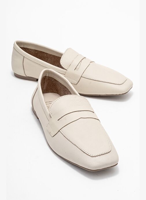 MORNE Ekru Bej Cilt Hakiki Deri Kadın Loafer Ayakkabı - Görsel 2