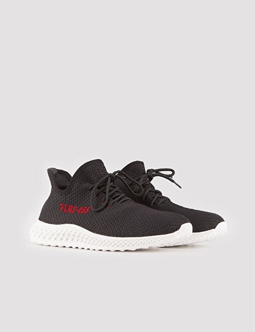 Yazı Motifli Beyaz Taban Triko Siyah Bağcıklı Erkek Spor Ayakkabı - Görsel 3