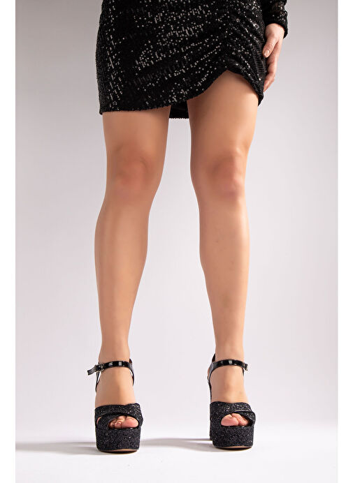 Cindirella Kadın Abiye Platform Topuklu Ayakkabı Siyah Payetli - Görsel 8