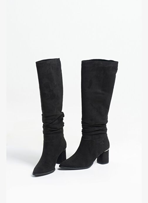 120 Siyah Süet Körüklü Kadın Kalın Topuklu Çizme - Görsel 2