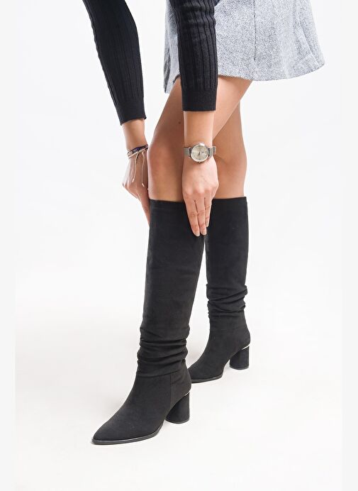 120 Siyah Süet Körüklü Kadın Kalın Topuklu Çizme - Görsel 3