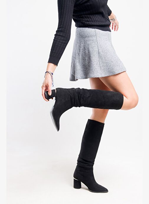 120 Siyah Süet Körüklü Kadın Kalın Topuklu Çizme - Görsel 4