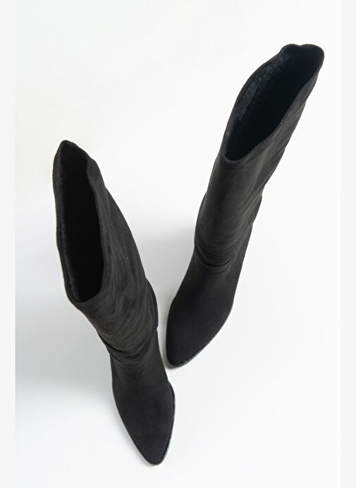 120 Siyah Süet Körüklü Kadın Kalın Topuklu Çizme - Görsel 5