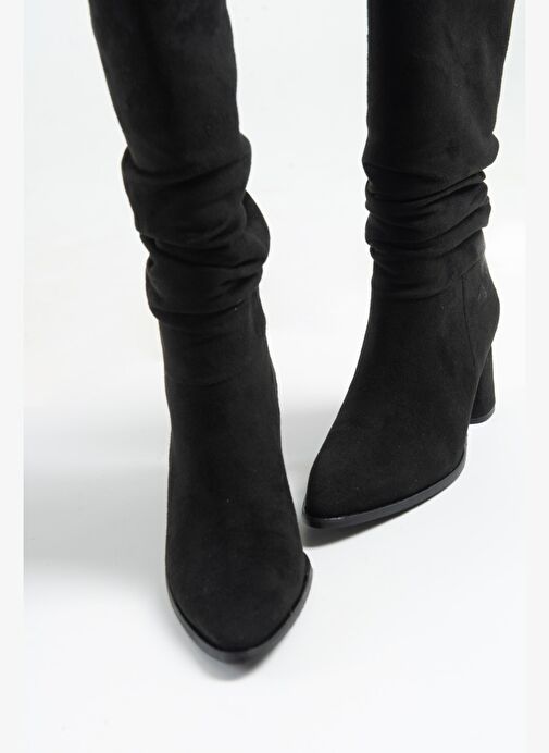 120 Siyah Süet Körüklü Kadın Kalın Topuklu Çizme - Görsel 6