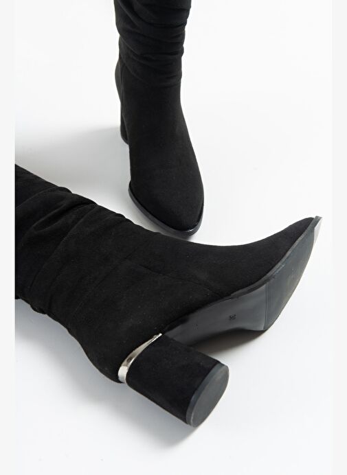 120 Siyah Süet Körüklü Kadın Kalın Topuklu Çizme - Görsel 7