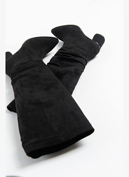 120 Siyah Süet Körüklü Kadın Kalın Topuklu Çizme - Görsel 8