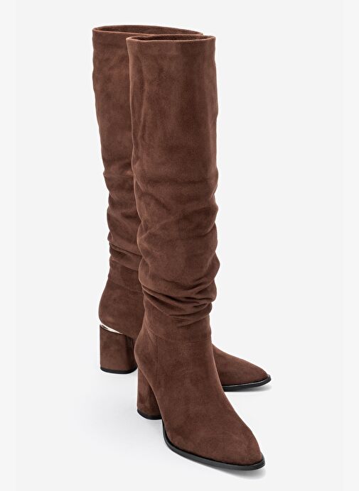 120 Kahverengi Süet Körüklü Kadın Kalın Topuklu Çizme - Görsel 2