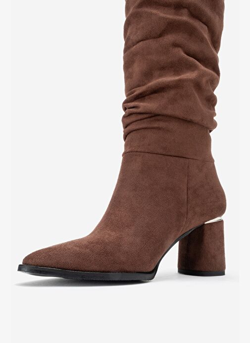 120 Kahverengi Süet Körüklü Kadın Kalın Topuklu Çizme - Görsel 5